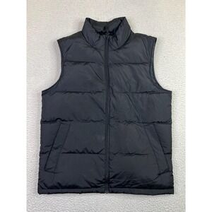 Lands End Vest Mens Medium Black Down Puffer Quilted Sleeveless Jacket Warm